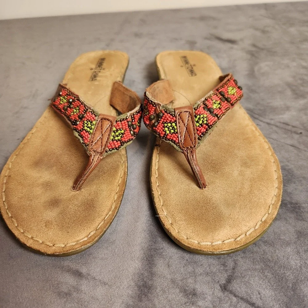 Minnetonka Ibiza Beaded Aztec Boho Orange Sandals Womens 10 Suede Leather Thong